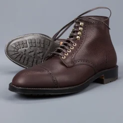 Alden Straight perforated cap toe boot in brown country calf grained leather