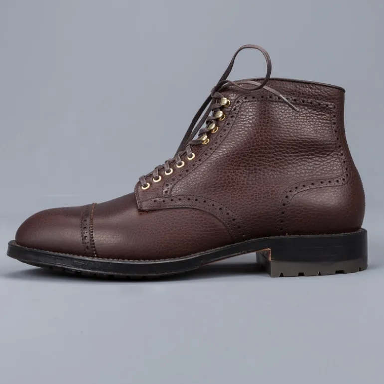 Alden Straight perforated cap toe boot in brown country calf grained leather