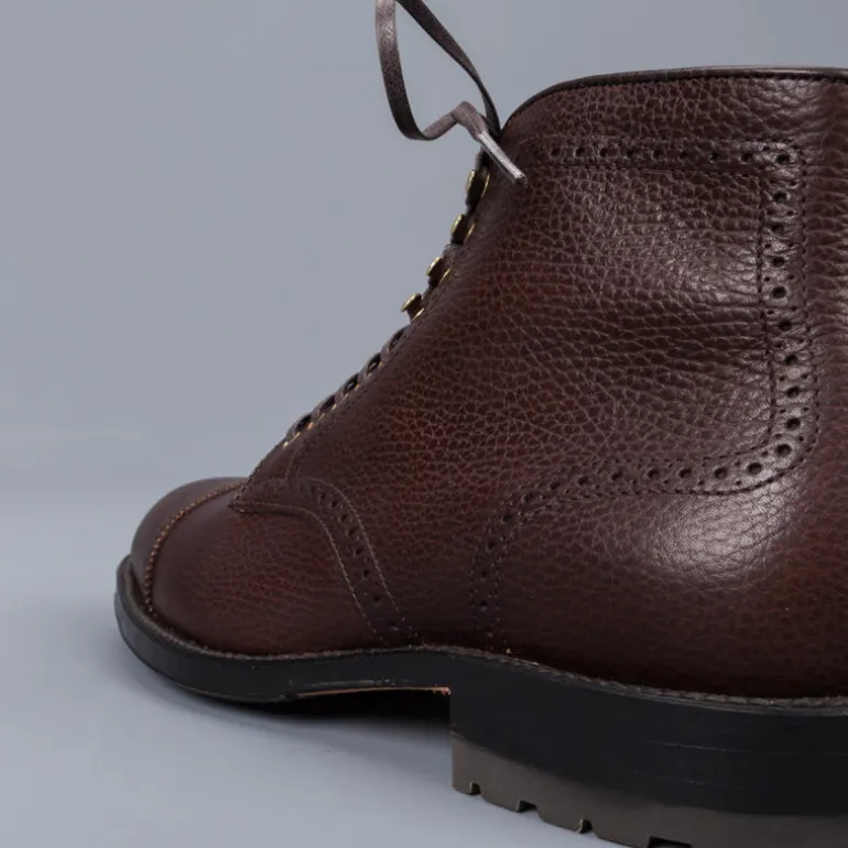 Alden Straight perforated cap toe boot in brown country calf grained leather