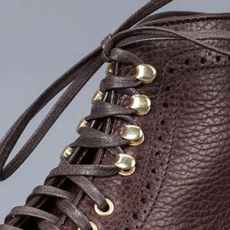 Alden Straight perforated cap toe boot in brown country calf grained leather