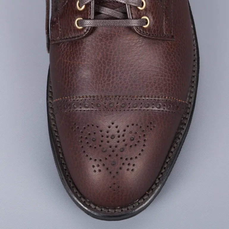Alden Straight perforated cap toe boot in brown country calf grained leather
