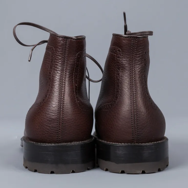 Alden Straight perforated cap toe boot in brown country calf grained leather