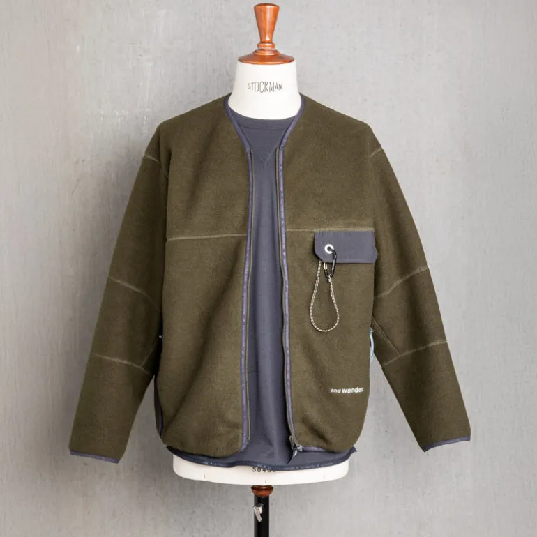 And Wander Wool Fleece Cardigan Khaki