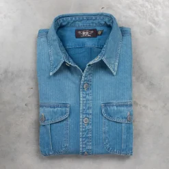 RRL Dockman Shirt Herringone Faded Indigo