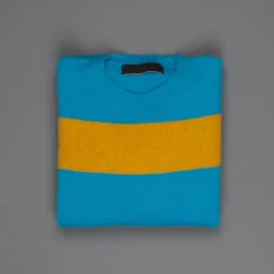 The Elder Statesman @ Frans Boone Cashmere striped Racing Crew Unisex sweater Teal Yellow